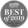 A gray circular badge reads: "Seattle Magazine Best of 2019 Readers' Choice Winner."