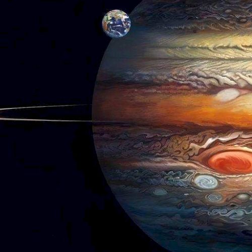 An artistic depiction of Jupiter with its Great Red Spot and two moons, set against the dark backdrop of space.