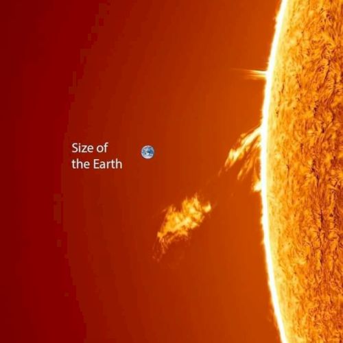 The image compares the size of Earth to the Sun, illustrating the Sun's massive scale with a label pointing to Earth's size.