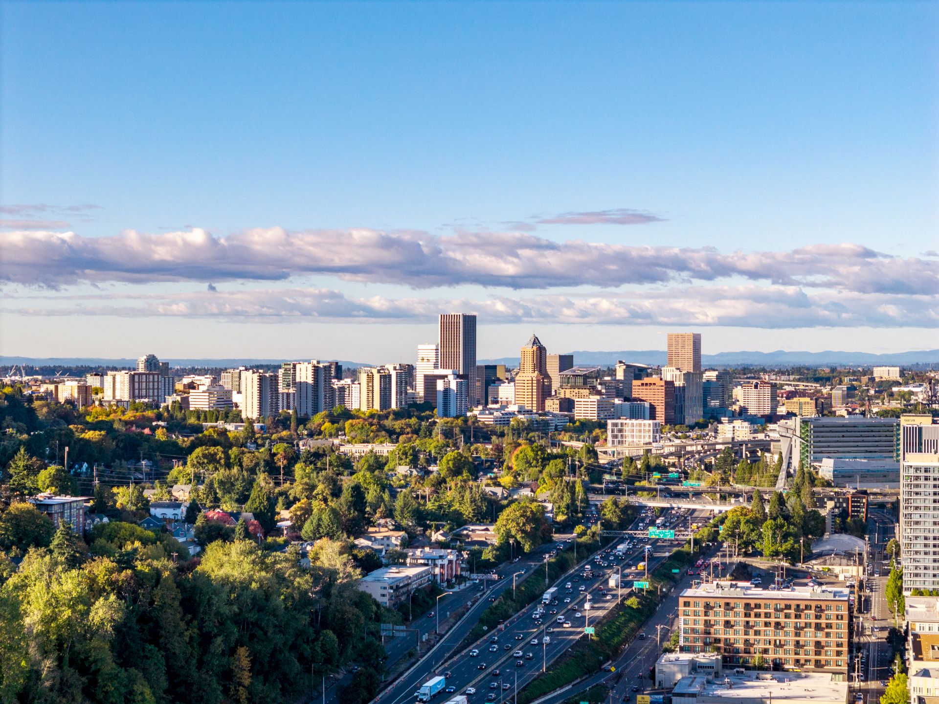 A wide city skyline with tall buildings, tree-lined streets, and busy roads under a bright blue sky and scattered clouds.