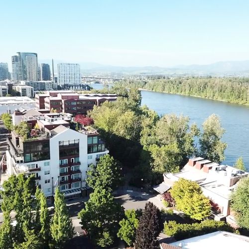 Aerial view of a cityscape beside a river, featuring modern buildings, lush trees, and a clear sky.