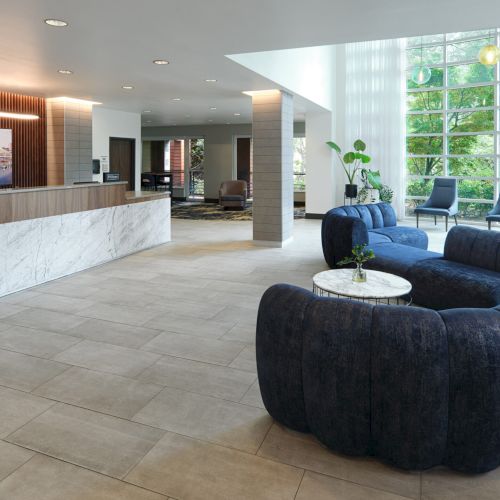 A modern lobby with a marble front desk, blue couch, chairs, large windows, and indoor plants.